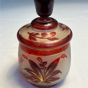 Vintage Red and Gold and frosted Glass Candy Dish.